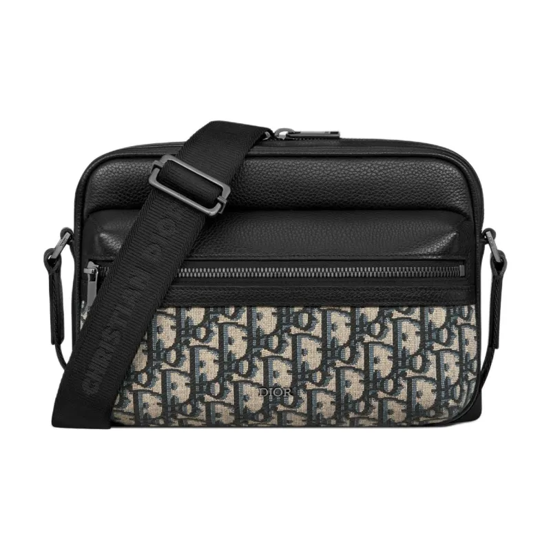 DIOR Oblique Jacquard Canvas With Grainy Surface Calfskin Messenger Bag Shoulder Bag Crossbody Bag Men's Beige & Black-0