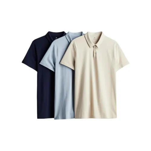 H&M Polo Shirts Men Set Of 3 Beige + Light Blue + Navy Blue