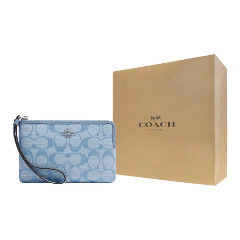 COACH Corner Zip Canvas With Leather Wrist Bag Clutch Trumpets Women's Light Blue-7