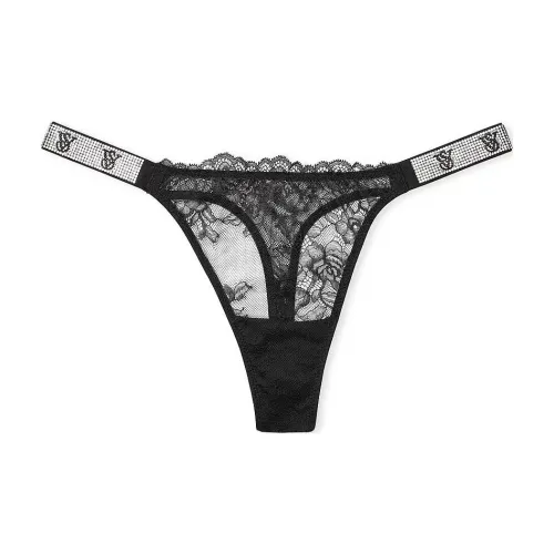 Victoria's Secret Very Sexy Shine Strap Rose Lace Thong Panty / Black Underpants Women's 1 Pack Black