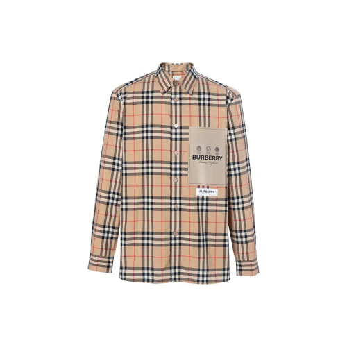 Burberry Men Label Applique Check Cotton Poplin Shirt Archive Beige