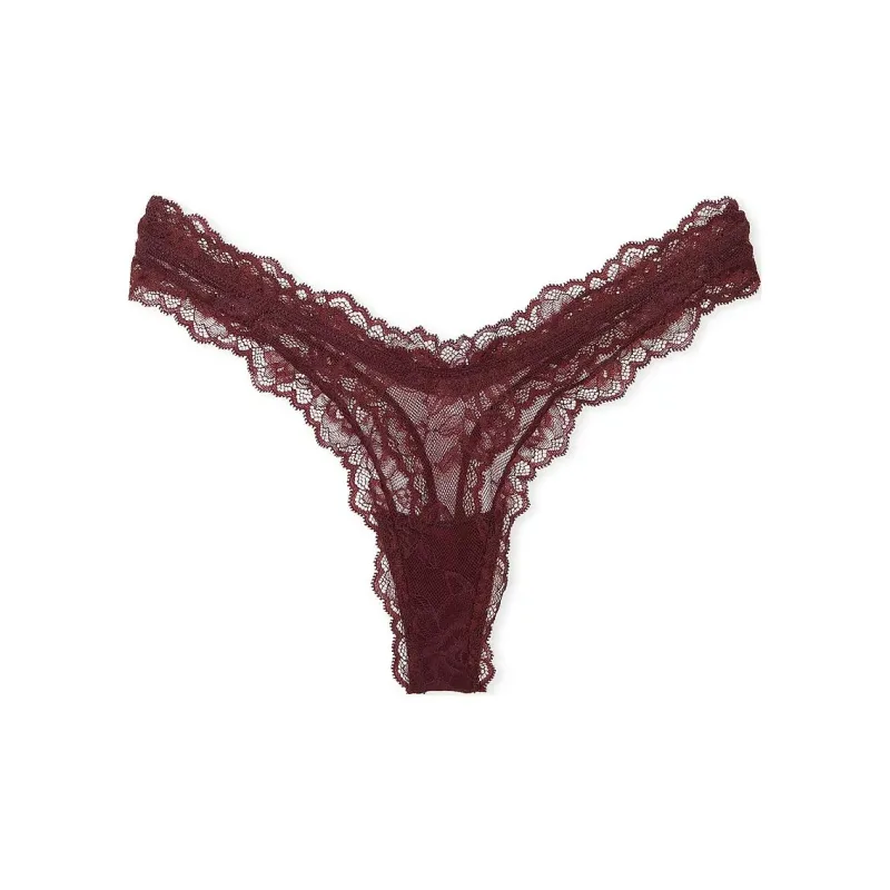 Victoria's Secret Very Sexy Rose Lace-Trim High-Leg Thong Panty / BB Underpants Women's 1 Pack Burgundy Brown-0