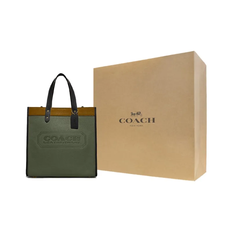 COACH Field Leather Vertical Tote Bag, Shopping Bag, Shoulder Bag, Handbag Large Size Women's Army Green & Brown-7