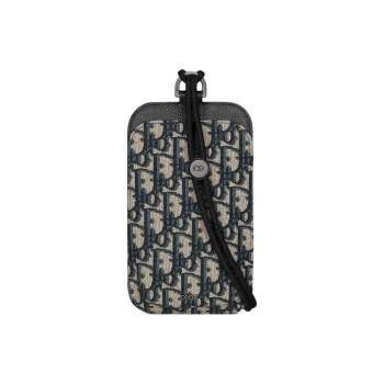 DIOR Oblique Jacquard Canvas With Grainy Surface Calfskin One Shoulder Crossbody Cell Phone Pouch Men's Beige & Black