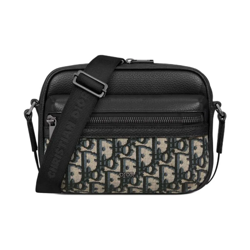DIOR Oblique Jacquard Canvas With Grainy Calfskin Messenger Bag, Shoulder Bag, Crossbody Bag Mini Men's Beige & Black-0