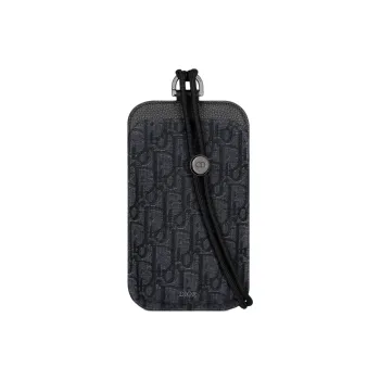 DIOR Oblique Jacquard Canvas With Grainy Surface Calfskin One Shoulder Crossbody Cell Phone Pouch Men's Black