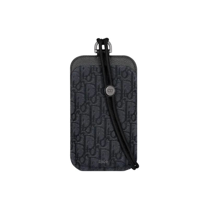 DIOR Oblique Jacquard Canvas With Grainy Surface Calfskin One Shoulder Crossbody Cell Phone Pouch Men's Black-0
