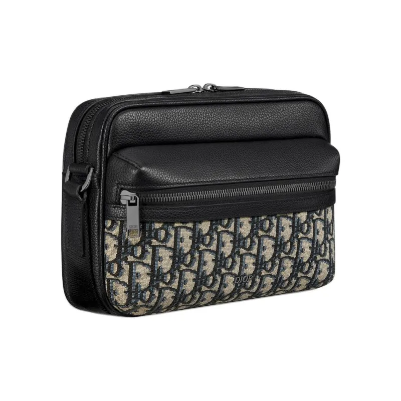 DIOR Oblique Jacquard Canvas With Grainy Surface Calfskin Messenger Bag Shoulder Bag Crossbody Bag Men's Beige & Black-2