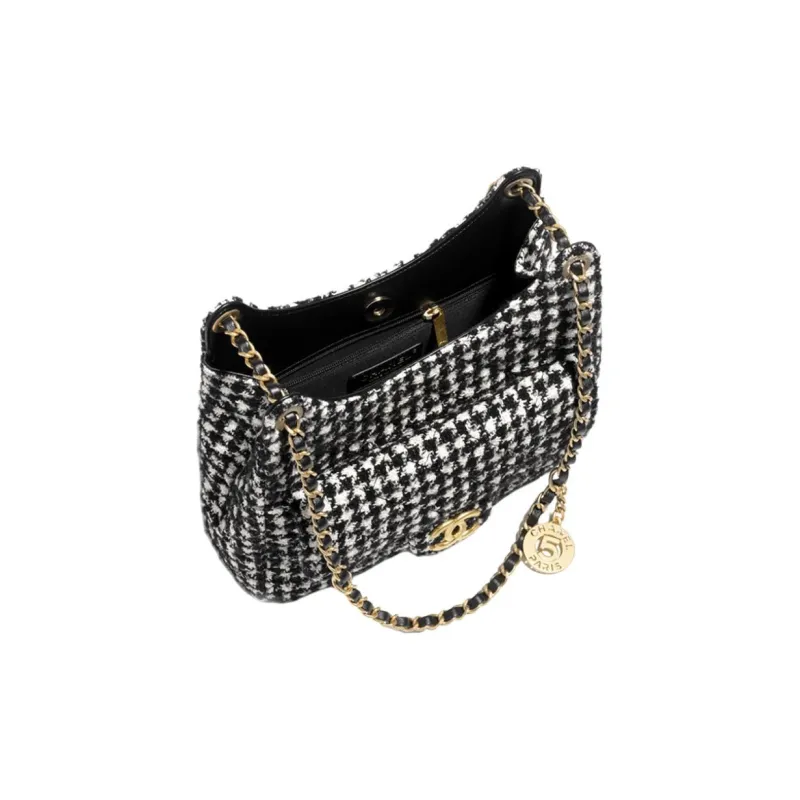 CHANEL HOBO Cotton Twill Soft Woolen Hobo Bag, Shoulder Bag, Crossbody Bag Women's Black & White-2