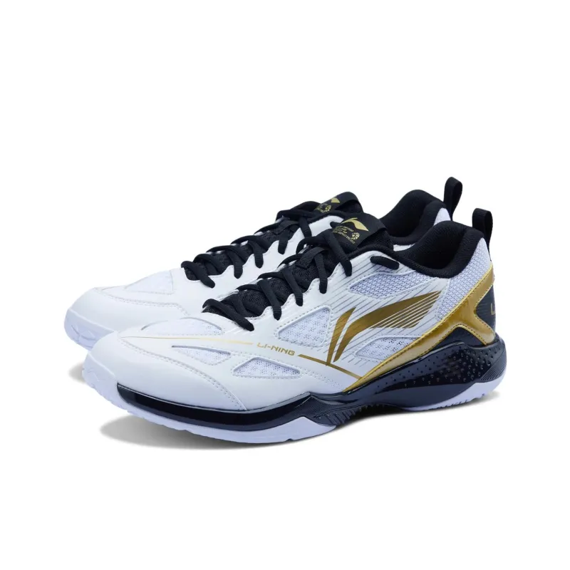 LiNing Anti Slip Wear Resistant Low Top Badminton Shoes Unisex White Gold Black-1