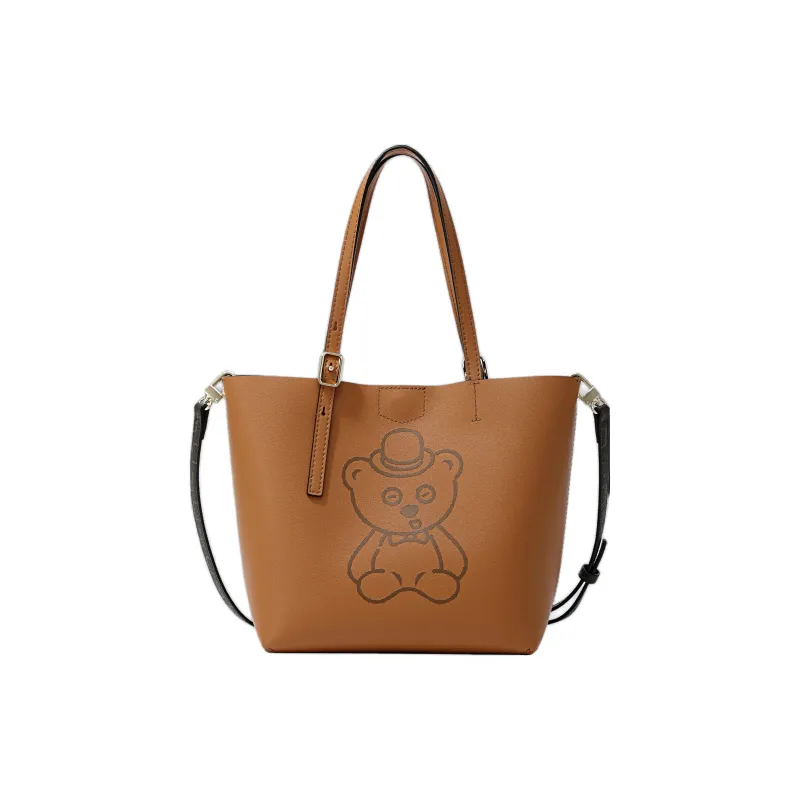 FION Minion Co branding Cow Split Leather Tote Bag Shoulder Bag Large Size Women's Multicolor-5