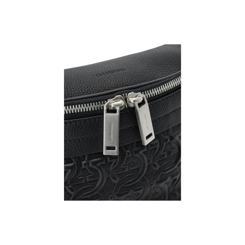 FERRAGAMO GANCINI Calfskin Sling Bag Fanny Pack Men's Black-4