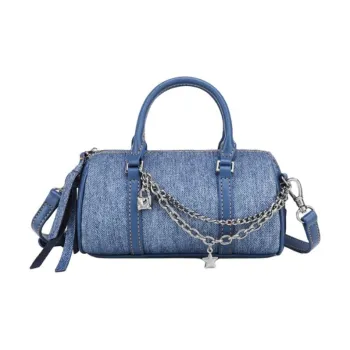 DEERE JACK Cow Leather Boston Bag, One Shoulder Handbag Trumpets Women's Denim Blue