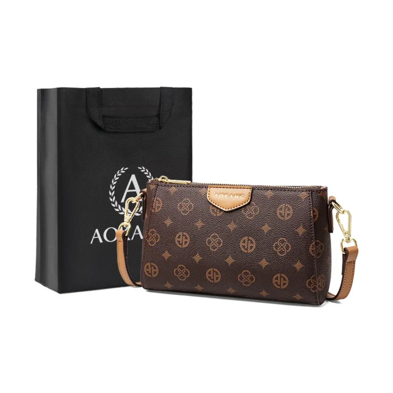 AOKANG PVC Small Square Bag Shoulder Bag, Crossbody Bag Small Size Women's Coffee/Ecru-0
