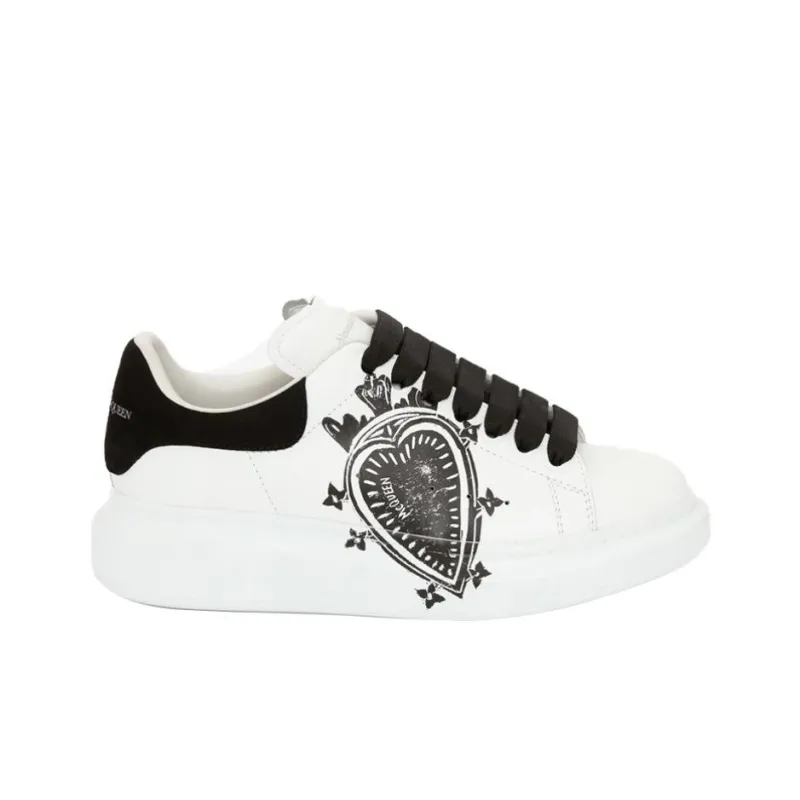 Alexander McQueen Leather Heart Logo Lace Up Oversized Sneakers 'White Black' Women's-1