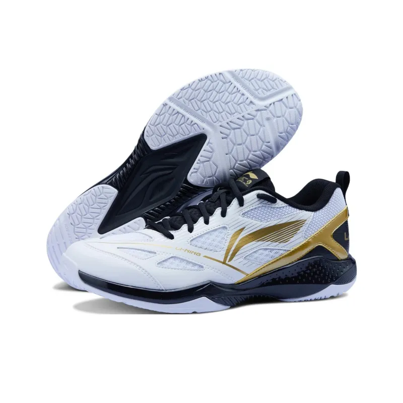 LiNing Anti Slip Wear Resistant Low Top Badminton Shoes Unisex White Gold Black-4