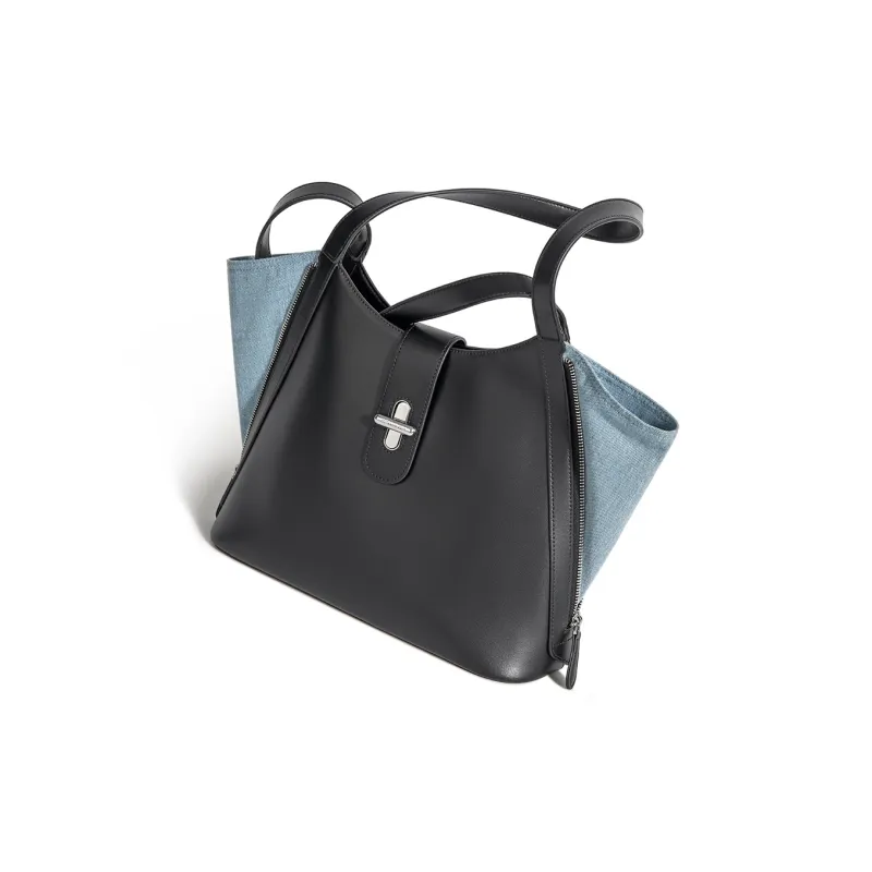 Cthulhu Cow Leather With Fabric And Microfiber Handbag Shoulder Bag Medium Size Women's Black-3