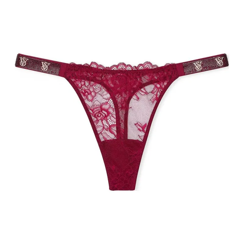 Victoria's Secret Very Sexy Shine Strap Rose Lace Thong Panty / Campari Red Underpants Women's 1 Pack Red-0
