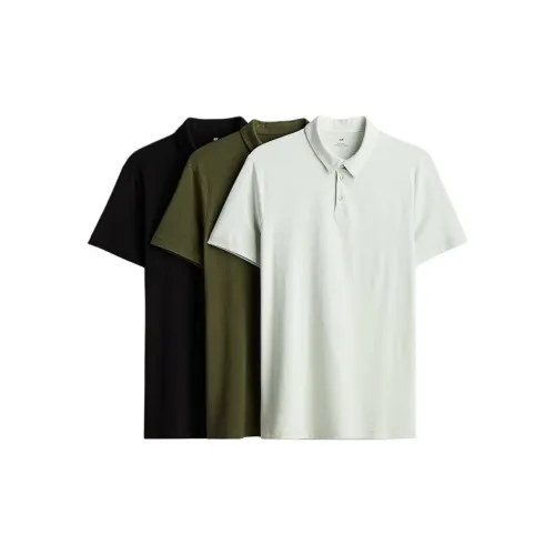 H&M Polo Shirts Men Set Of 3 Light Green + Khaki Green + Black