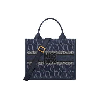 DIOR BookTote Full Body Embroidery Tote Bag Shopping Bag Handbag Small Size Women's Blue