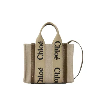 Chloe Woody Linen Canvas Tote Bag Shopping Bag Shoulder Bag Crossbody Bag Handbag Small Size Women's Bronze Brown