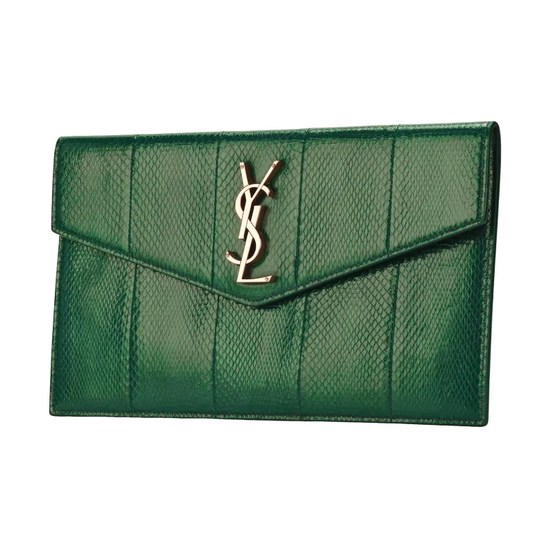 SAINT LAURENT UPTOWN Snake Skin Envelope Bag, Clutch Small Size Women's Grassland Green-2