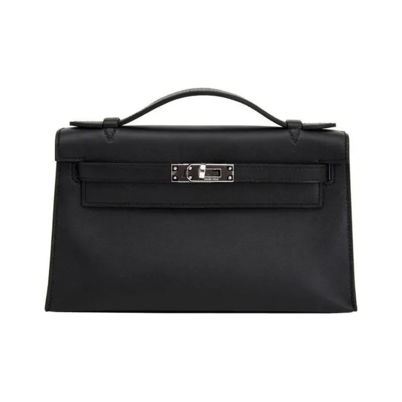HERMES Mini Kelly Generation 1 Swift Leather Handbag Women's Black & Gold Brown-0