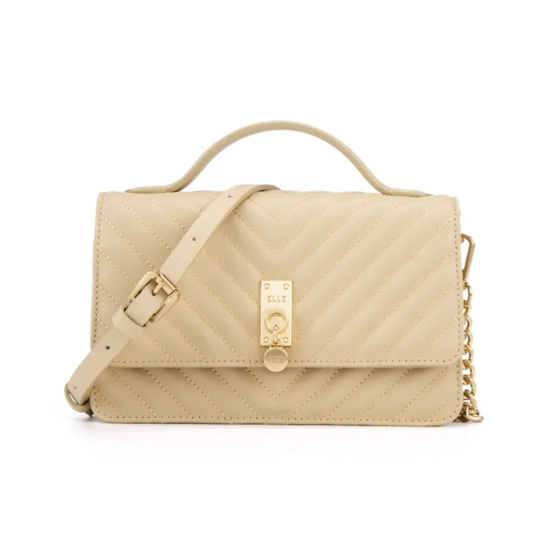 ELLE Leather Patchwork With Synthetic Leather One Shoulder Handbag Small Size Women's Camel/Black-0