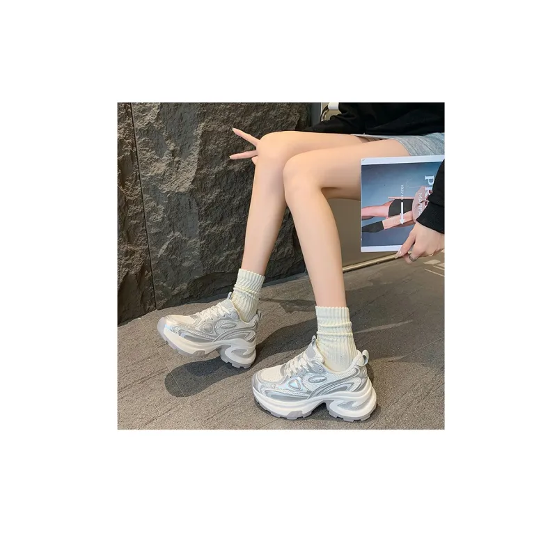 LIANGHUO Cushioning Anti Slip Wear Resistant Breathability Low Top Chunky Sneakers Women's Silver-5