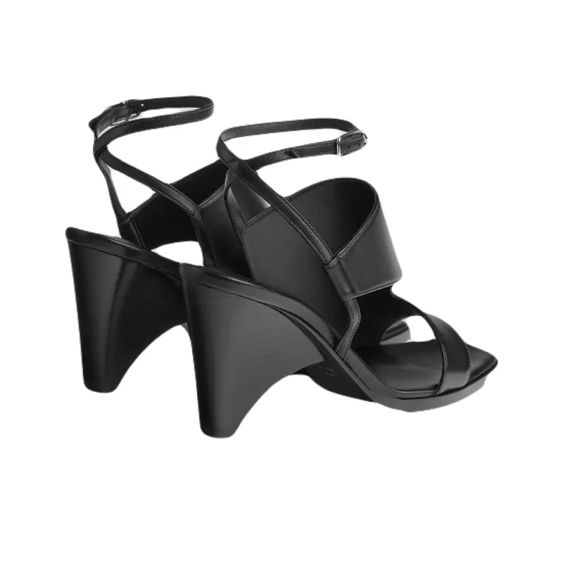 HERMES Inconnue Strap Sandals 5cm Women's Black-3