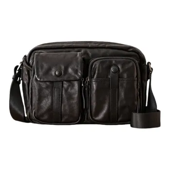 Back Step Top Grain Cow Leather Shoulder Bag Crossbody Bag Unisex Black