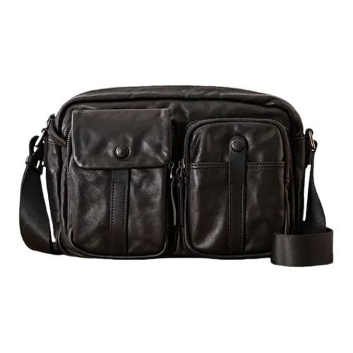 Back Step Top Grain Cow Leather Shoulder Bag Crossbody Bag Unisex Black