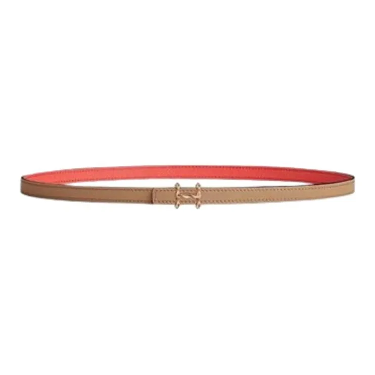 HERMES Logo Identification Metal Leather Belts Women's Brown/Orange Width 1.3CM-0