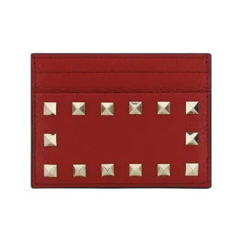 Valentino GARAVANI ROCKSTUD Calfskin Card Holder Women's Deep Red