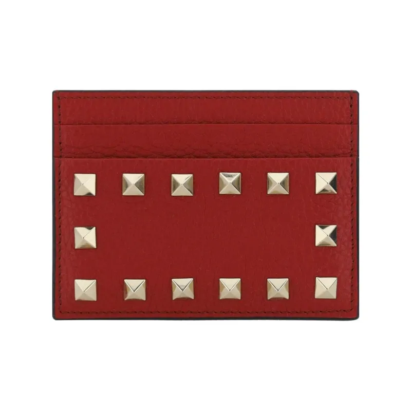 Valentino GARAVANI ROCKSTUD Calfskin Card Holder Women's Deep Red-0