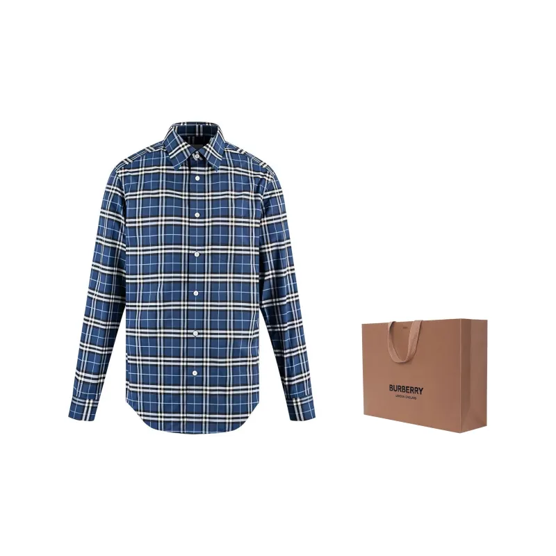 Burberry Men Grid Collar Button-Down Long Sleeve Shirt Blue-1