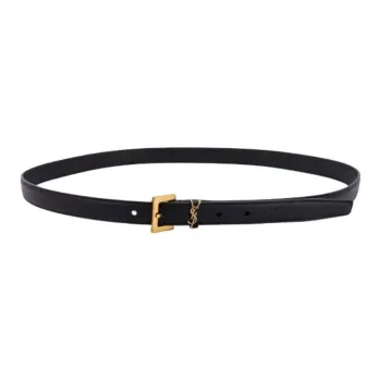 SAINT LAURENT Cassandre Logo Emblem Calfskin Leather Belts Men's Black Width 2CM