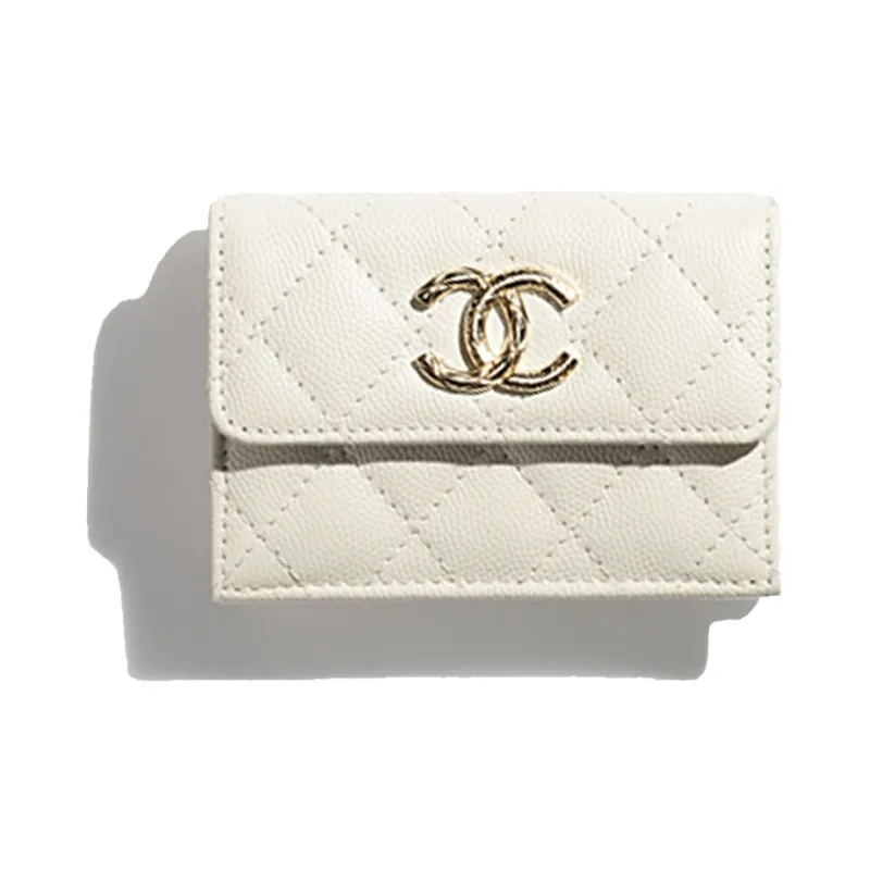 CHANEL Grained Shiny Calfskin Wallet Small Size Women's Light Gray-0