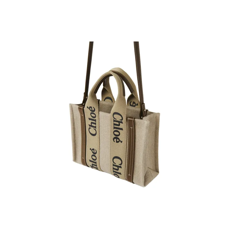 Chloe Woody Linen Canvas Tote Bag Shopping Bag Shoulder Bag Crossbody Bag Handbag Small Size Women's Bronze Brown-2