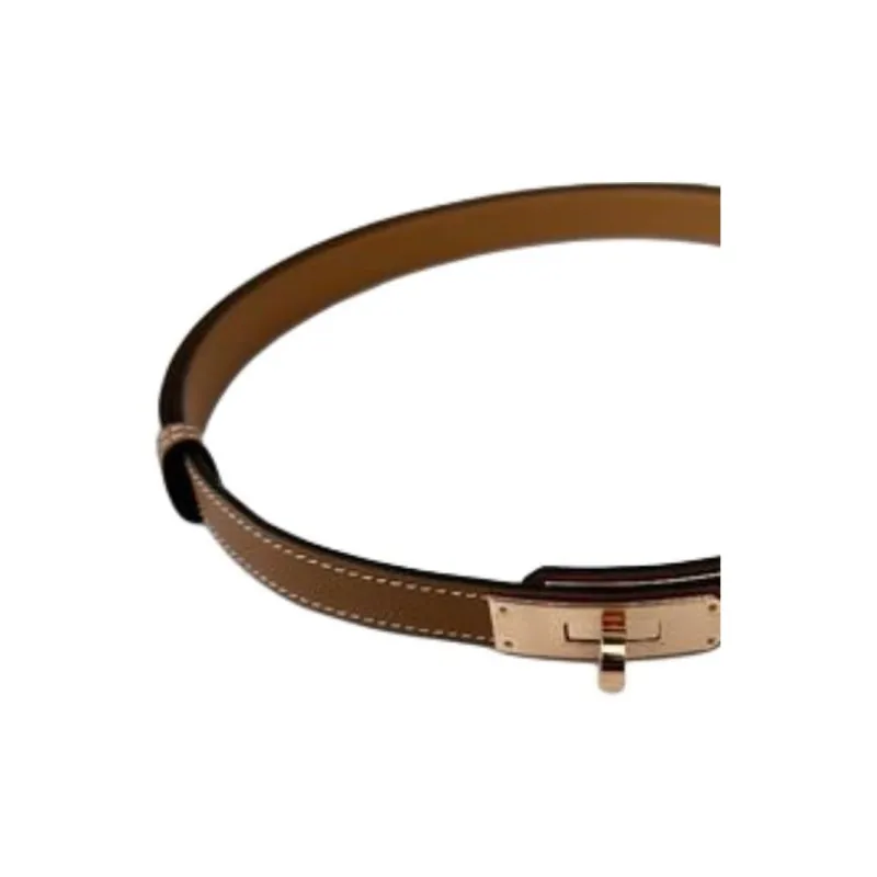 HERMES Solid Color Design Calfskin Leather Belts Women's Light Brown Width 1.8CM-2