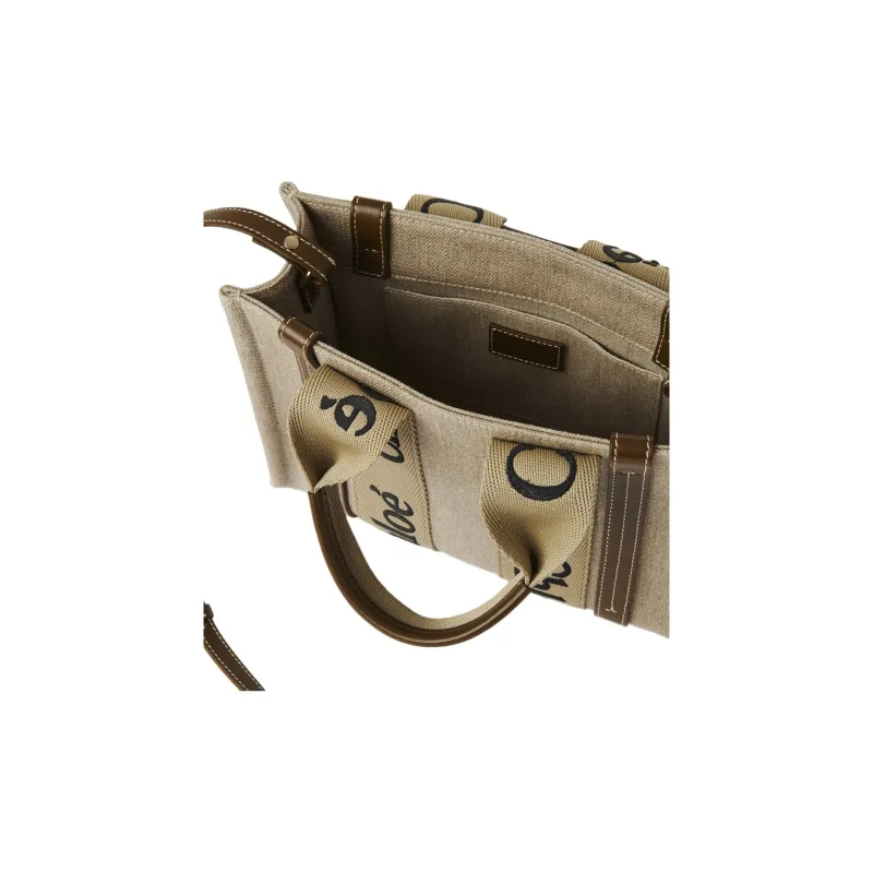Chloe Woody Linen Canvas Tote Bag Shopping Bag Shoulder Bag Crossbody Bag Handbag Small Size Women's Bronze Brown-4