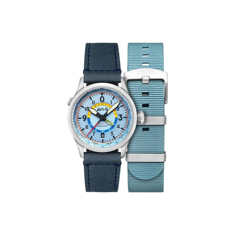 AVI 8 FLYBOY Collection Wrist Watch Automatic Mechanical Movement Genuine Leather Strap Blue Dial Men's Watches-0