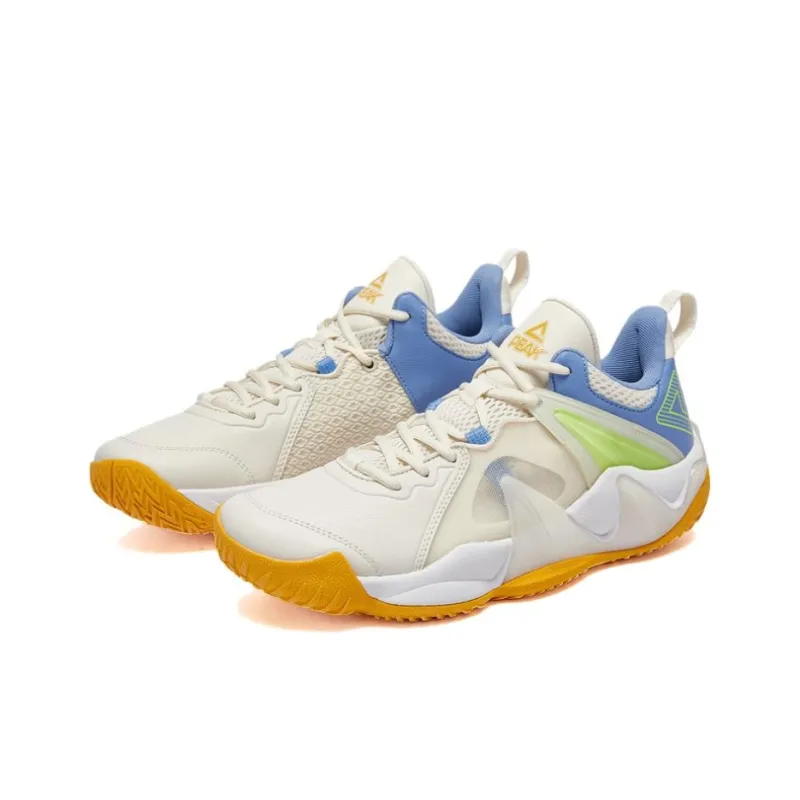 PEAK Slip-Resistant Breathable Low-Top Basketball Shoes Men's Ecru Colorful Blue-2