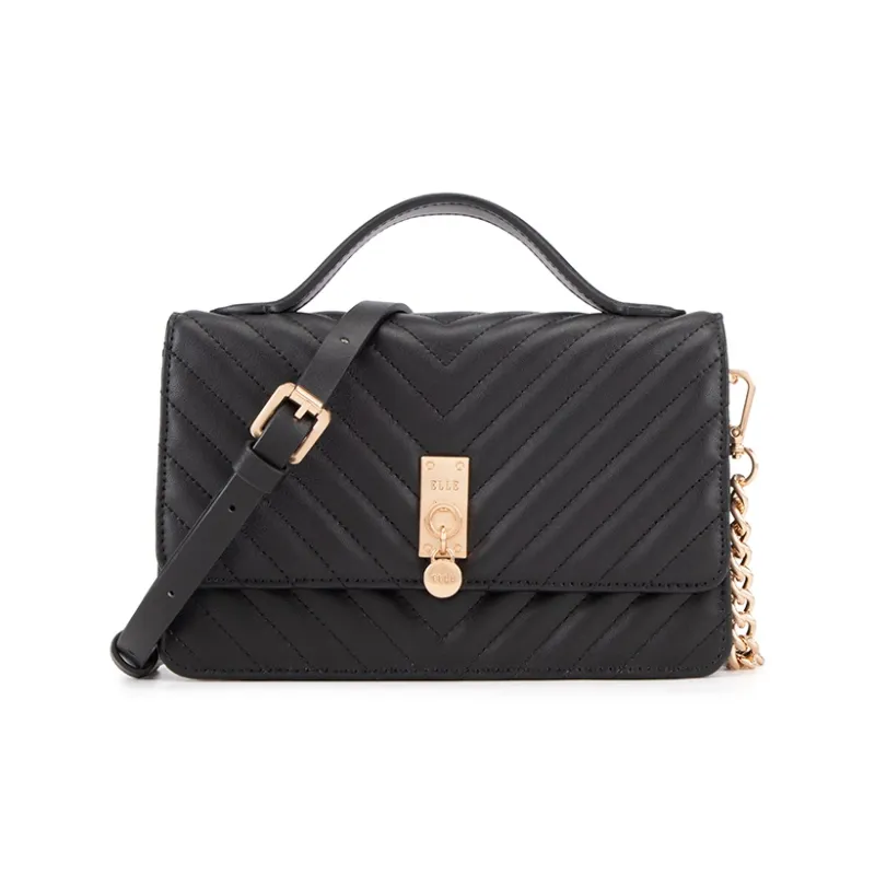 ELLE Leather Patchwork With Synthetic Leather One Shoulder Handbag Small Size Women's Camel/Black-3