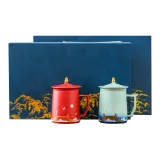 Coarse Pottery Palace of Ailanthus and Orchid Mug-Forbidden City Red+Moon White+Lunsan Gift Box+Shopping Bag (Blue)-Large