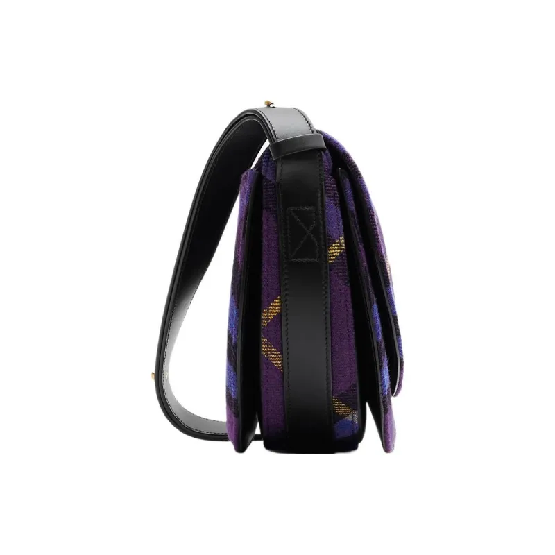 Burberry Plaid Wool With Calfskin Shoulder Bag Crossbody Bag Medium Size Women's Ribbon Purple-1
