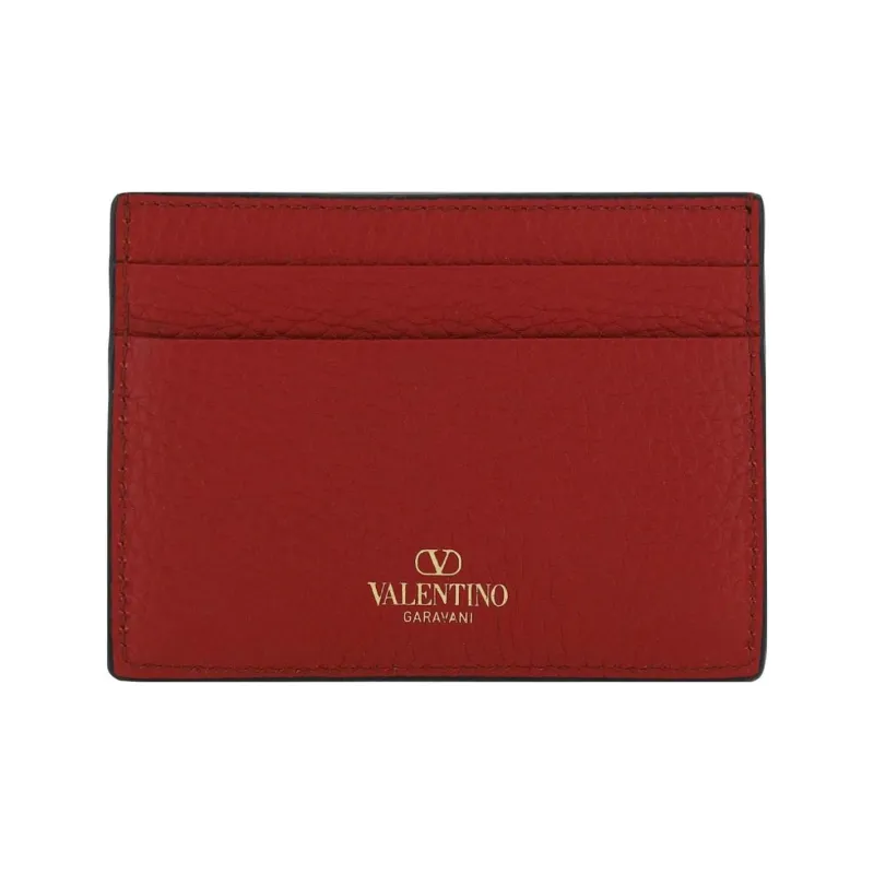 Valentino GARAVANI ROCKSTUD Calfskin Card Holder Women's Deep Red-1