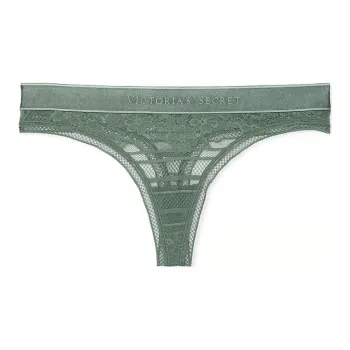 Victoria's Secret Cotton Logo Lace Thong Panty/Faded Sage Underpants Women's 1 Pack Green