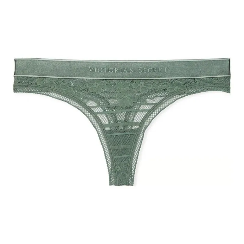 Victoria's Secret Cotton Logo Lace Thong Panty/Faded Sage Underpants Women's 1 Pack Green-0