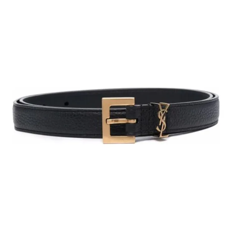 SAINT LAURENT Cassandre Logo Emblem Calfskin Leather Belts Men's Black Width 2CM-1